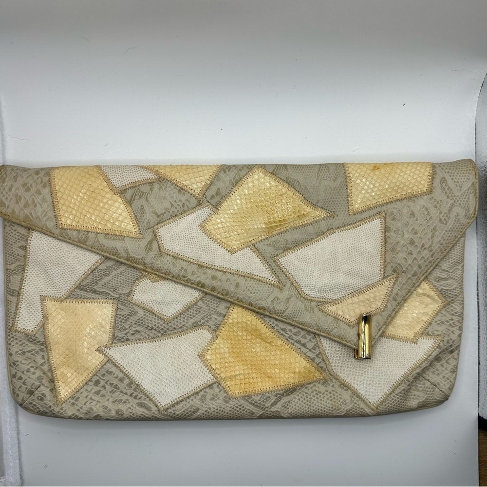 Vintage 1980s snakeskin patchwork clutch handbag